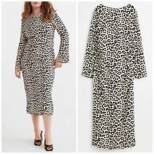 H&M Fitted Midi Long Sleeve Dress in Woven Leopard Print Fabric with Open Back